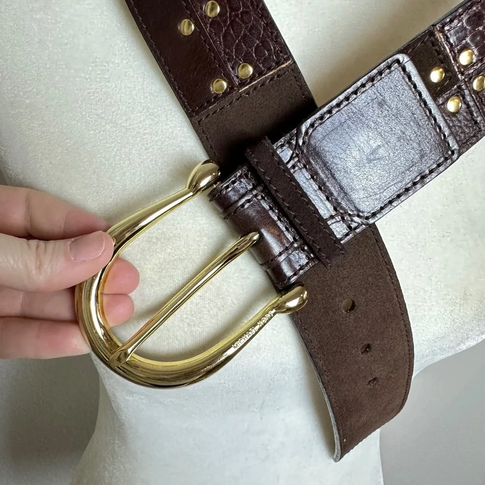 Michael‎ Kors Brown Leather Suede Patchwork Studded Waist Belt Gold Buckle Small